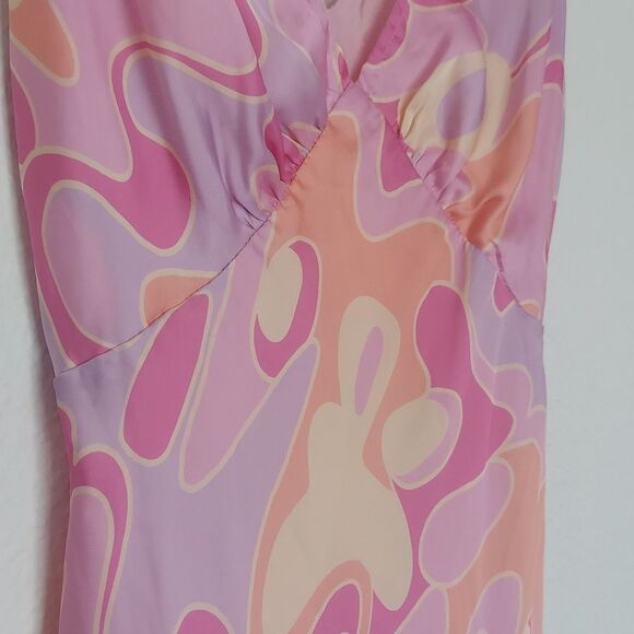 Bright Pink & Yellow Silky Sleeveless Slip Mini Dress Size 6 - Picture 3 of 10